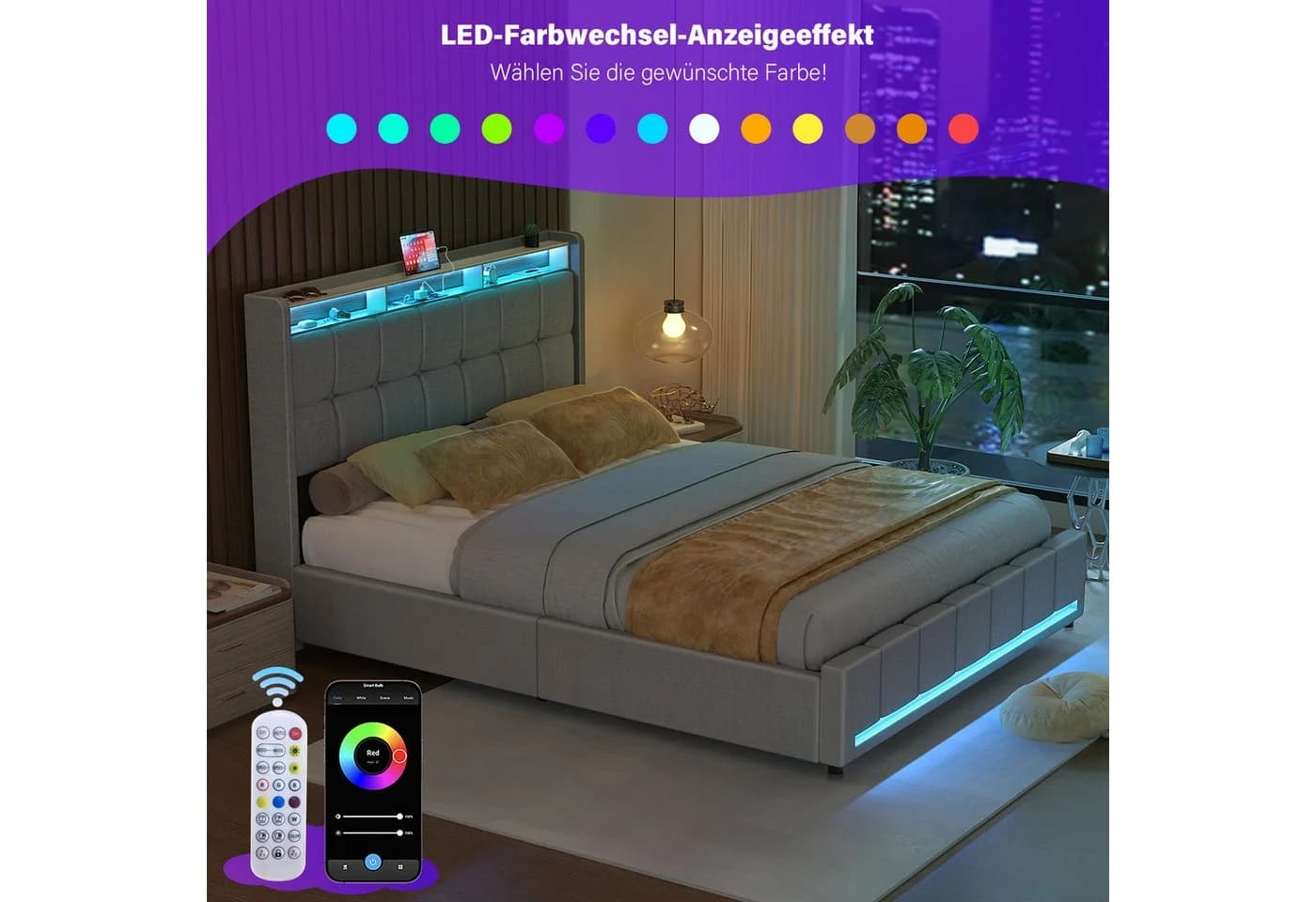 oyajia Polsterbett ED 140x200 cm mit Schubladen und LED-Beleuchtung - Bild 5
