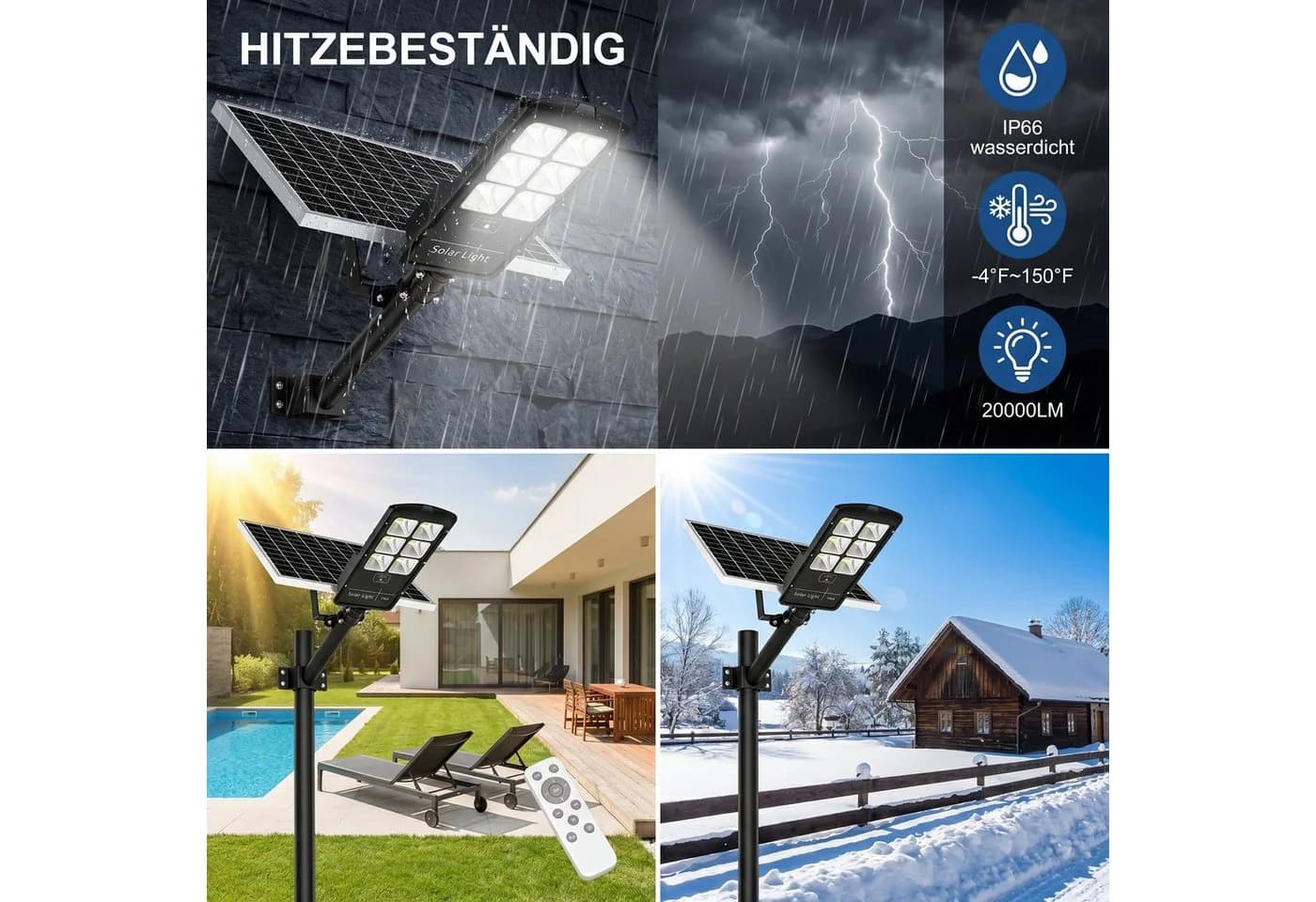 oyajia LED Solarleuchte 200W mit Fernbedienung, 6500K Kaltweiß, IP66 - Bild 3