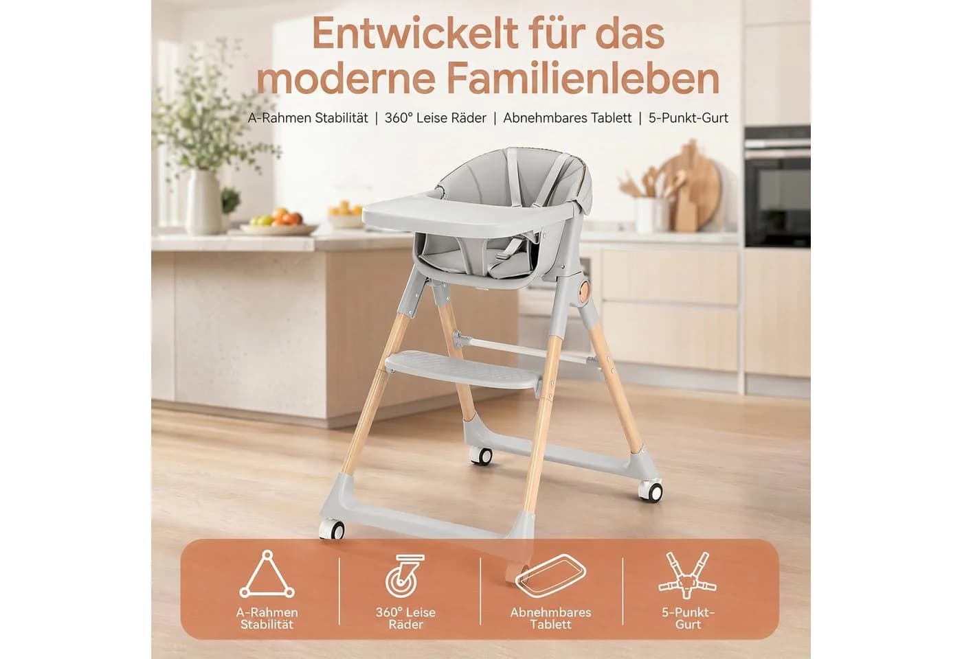 oyajia Hochstuhl Kinderstuhl Grau Klappbar mit Tablett und 5-Punkt-Gurt - Bild 3
