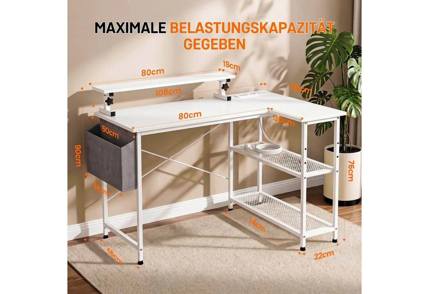 oyajia Eckschreibtisch L-Form Weiß mit Steckdose und Regal - Bild 4