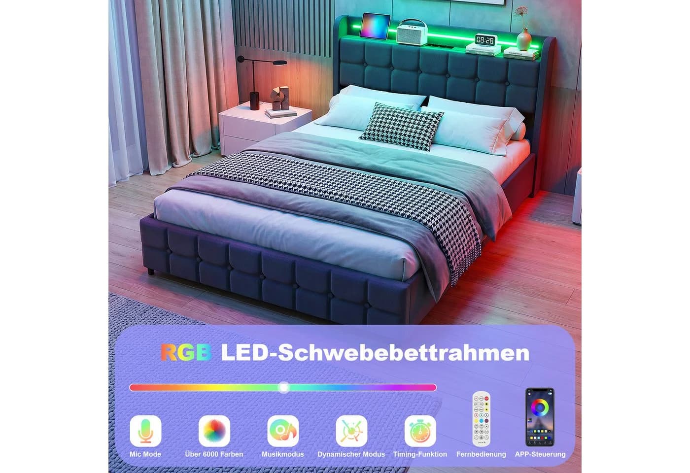 oyajia Polsterbett Grau mit LED, Schubladen & USB-Anschluss - Bild 3