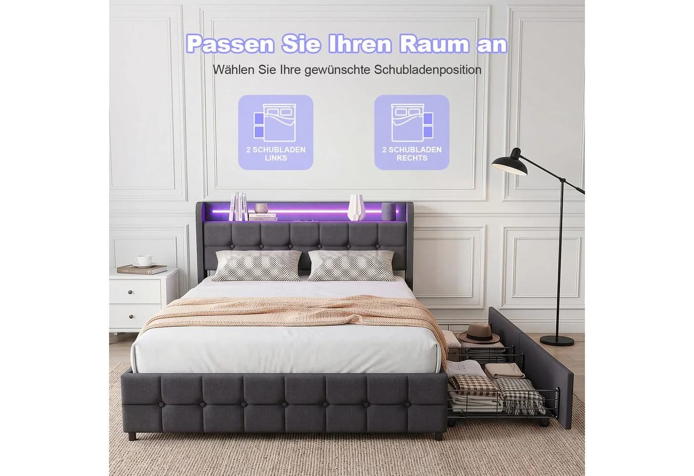 oyajia Polsterbett Grau mit LED, Schubladen & USB-Anschluss - Bild 4