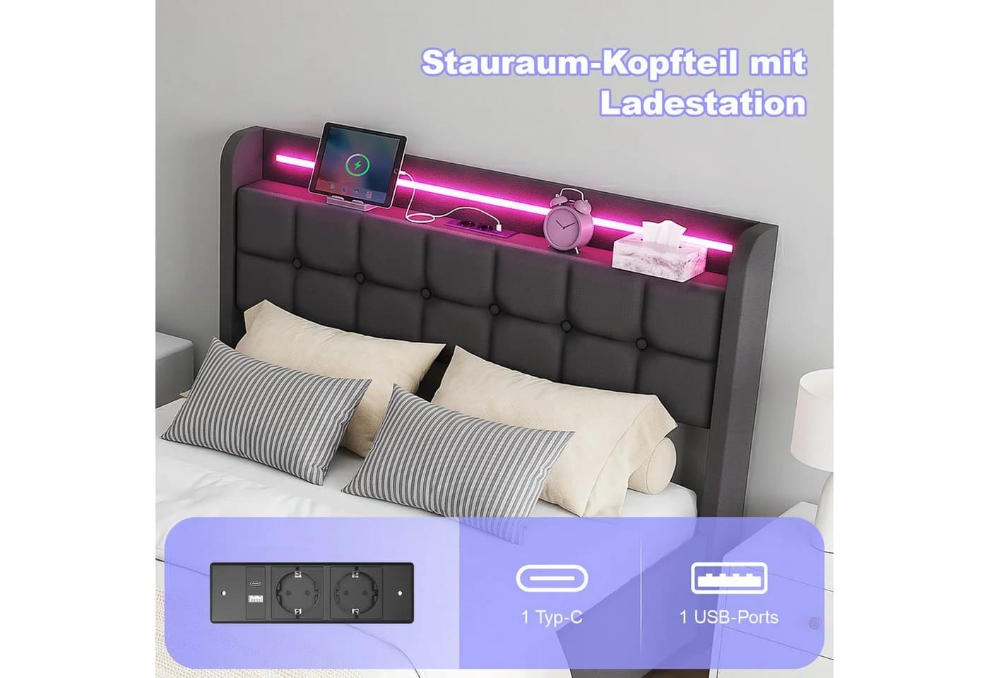 oyajia Polsterbett Grau mit LED, Schubladen & USB-Anschluss - Bild 5