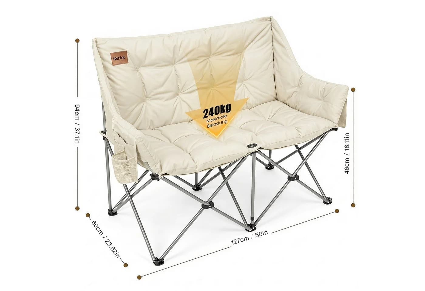 Kehot Campingstuhl Faltbarer 2-Sitzer mit 6 cm Polsterung, 127×94×60 cm, Weiß