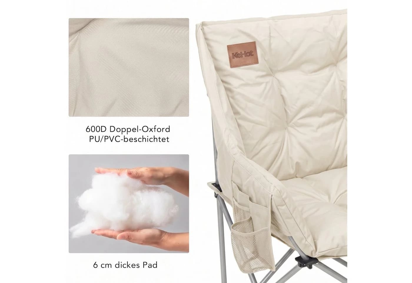 Kehot Campingstuhl Faltbarer 2-Sitzer mit 6 cm Polsterung, 127×94×60 cm, Weiß - Bild 4