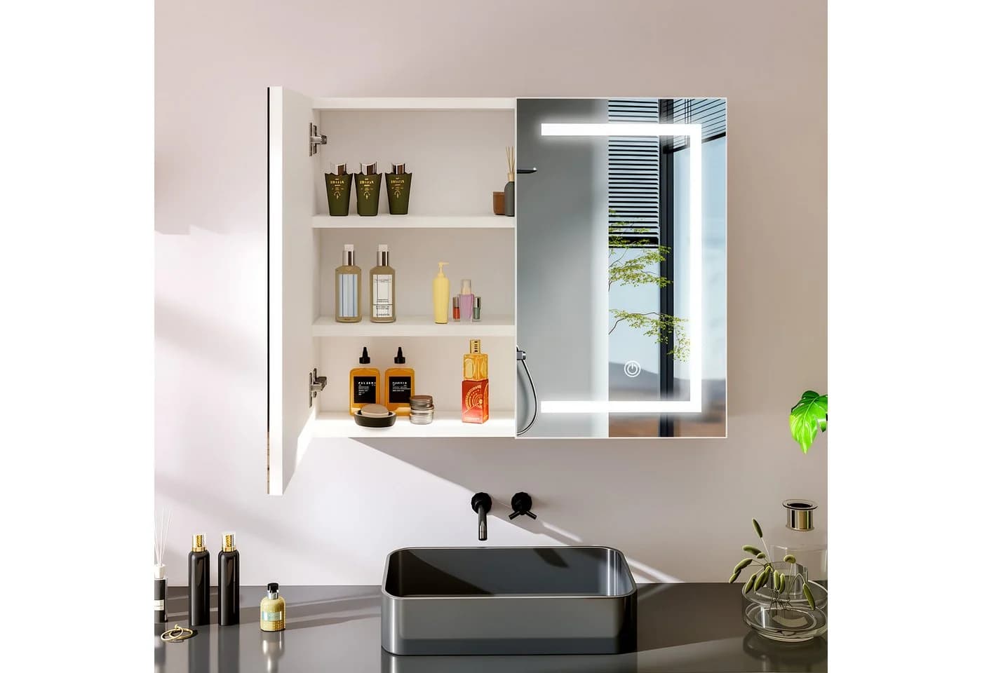 oyajia Spiegelschrank mit LED-Beleuchtung und 2 Türen Weiß - Bild 5