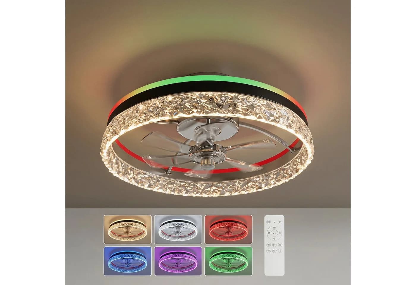 oyajia Deckenventilator 50cm mit Kristall-LED, RGB, 6 Stufen, Fernbedienung - Bild 2