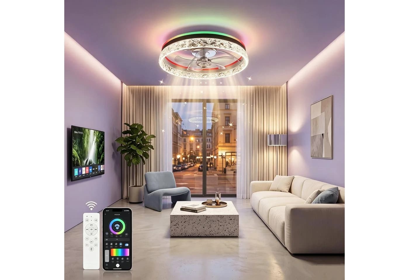 oyajia Deckenventilator 50cm mit Kristall-LED, RGB, 6 Stufen, Fernbedienung - Bild 3