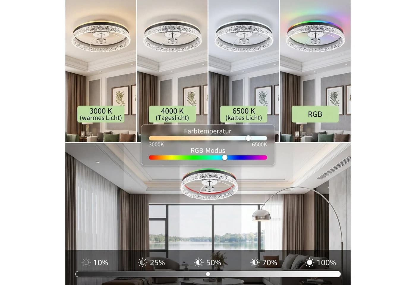 oyajia Deckenventilator 50cm mit Kristall-LED, RGB, 6 Stufen, Fernbedienung - Bild 5