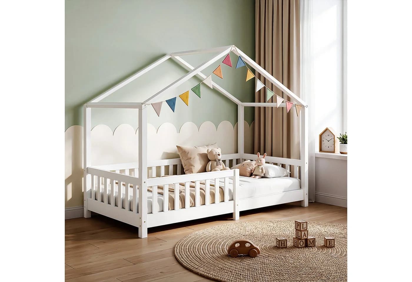 oyajia Kinderbett 90x200 cm Weiß Massivholz Rausfallschutz