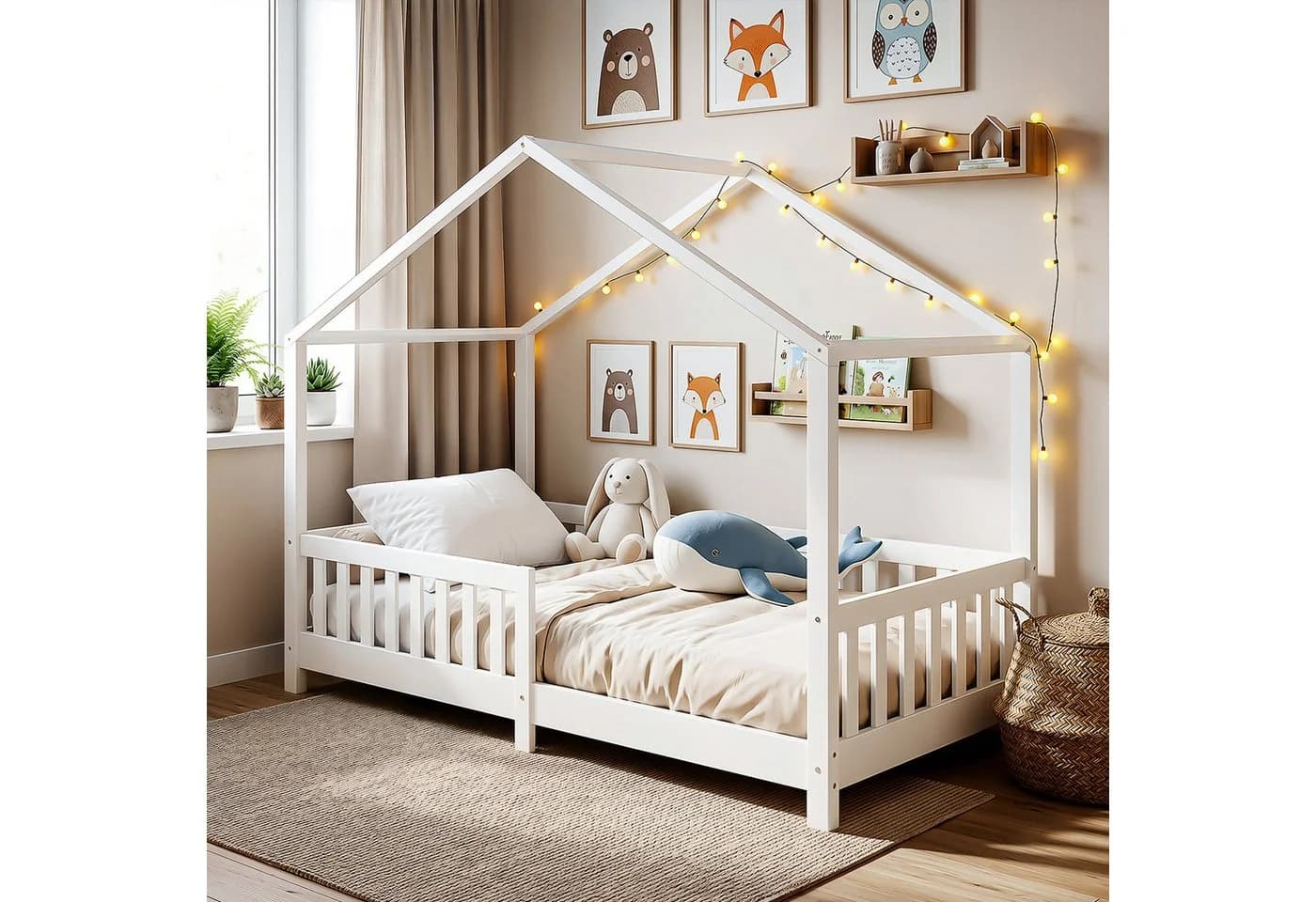 oyajia Kinderbett 90x200 cm Weiß Massivholz Rausfallschutz - Bild 2