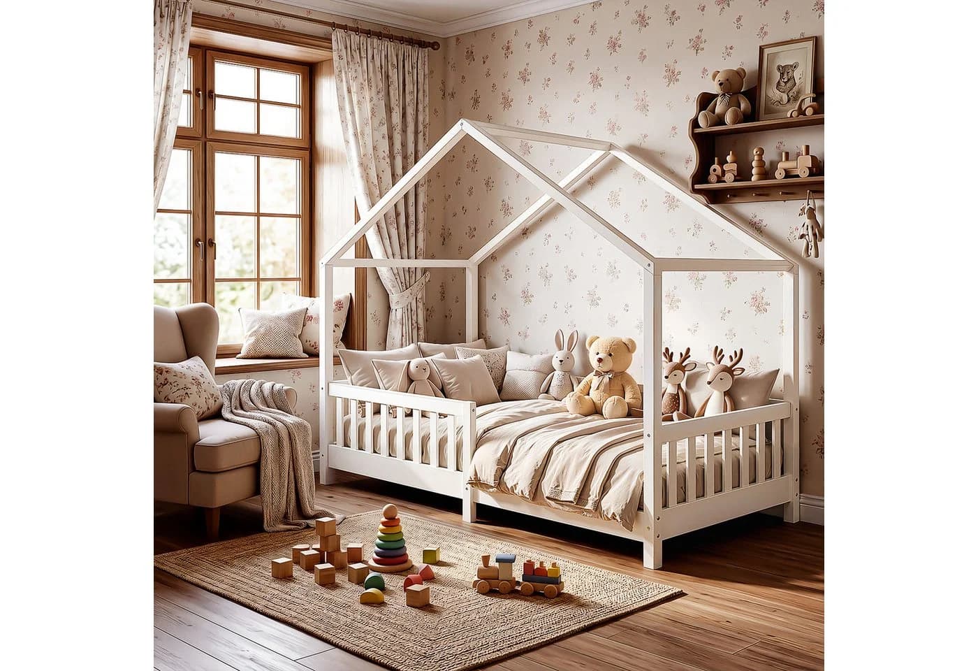 oyajia Kinderbett 90x200 cm Weiß Massivholz Rausfallschutz - Bild 3