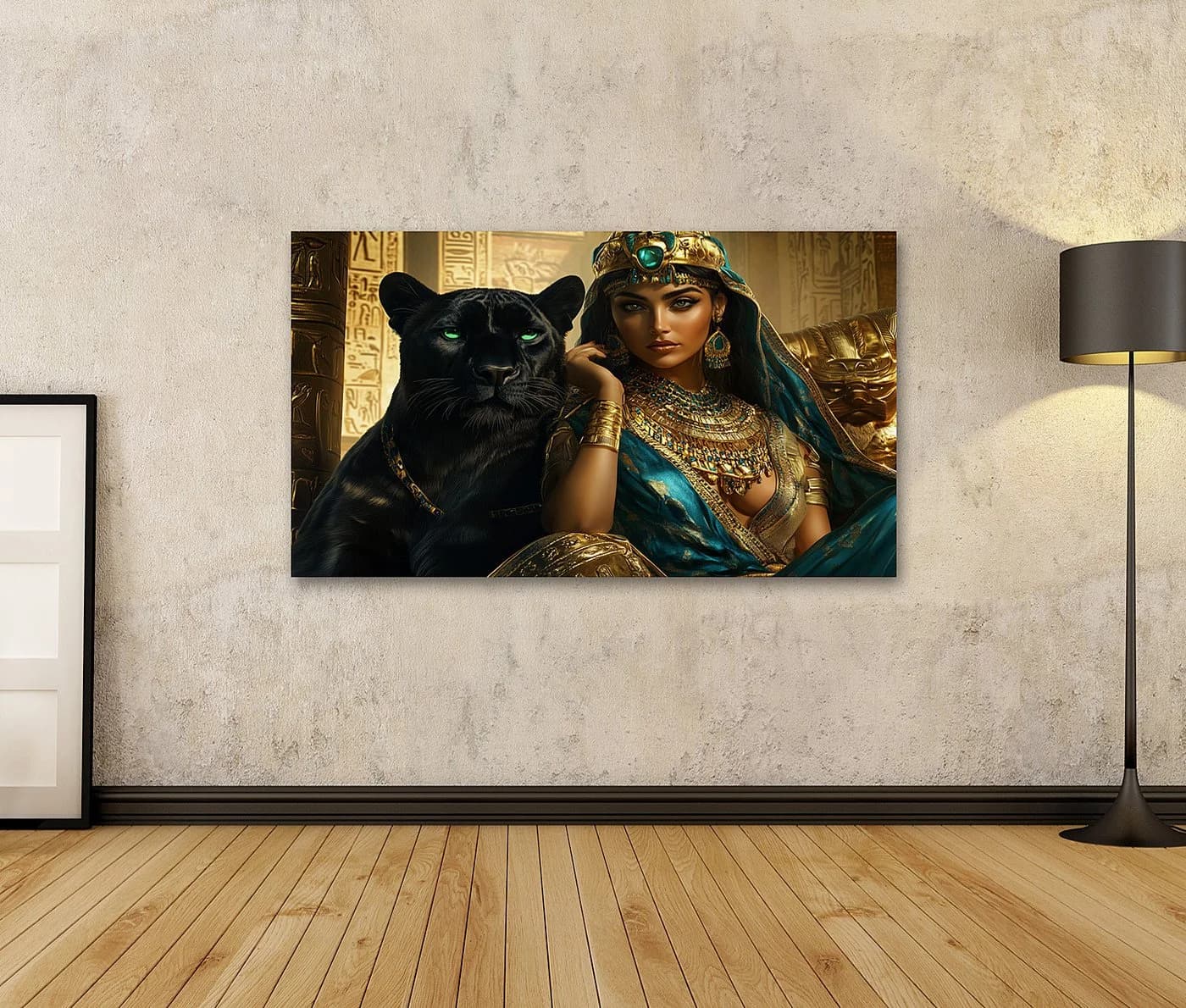 islandburner Leinwandbild Ägyptische Schönheit mit schwarzem Panther 80x40cm