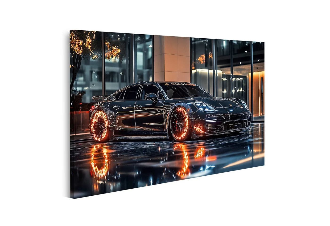 islandburner Leinwandbild Schwarzes Auto mit leuchtenden Rädern bei Nacht - Bild 2