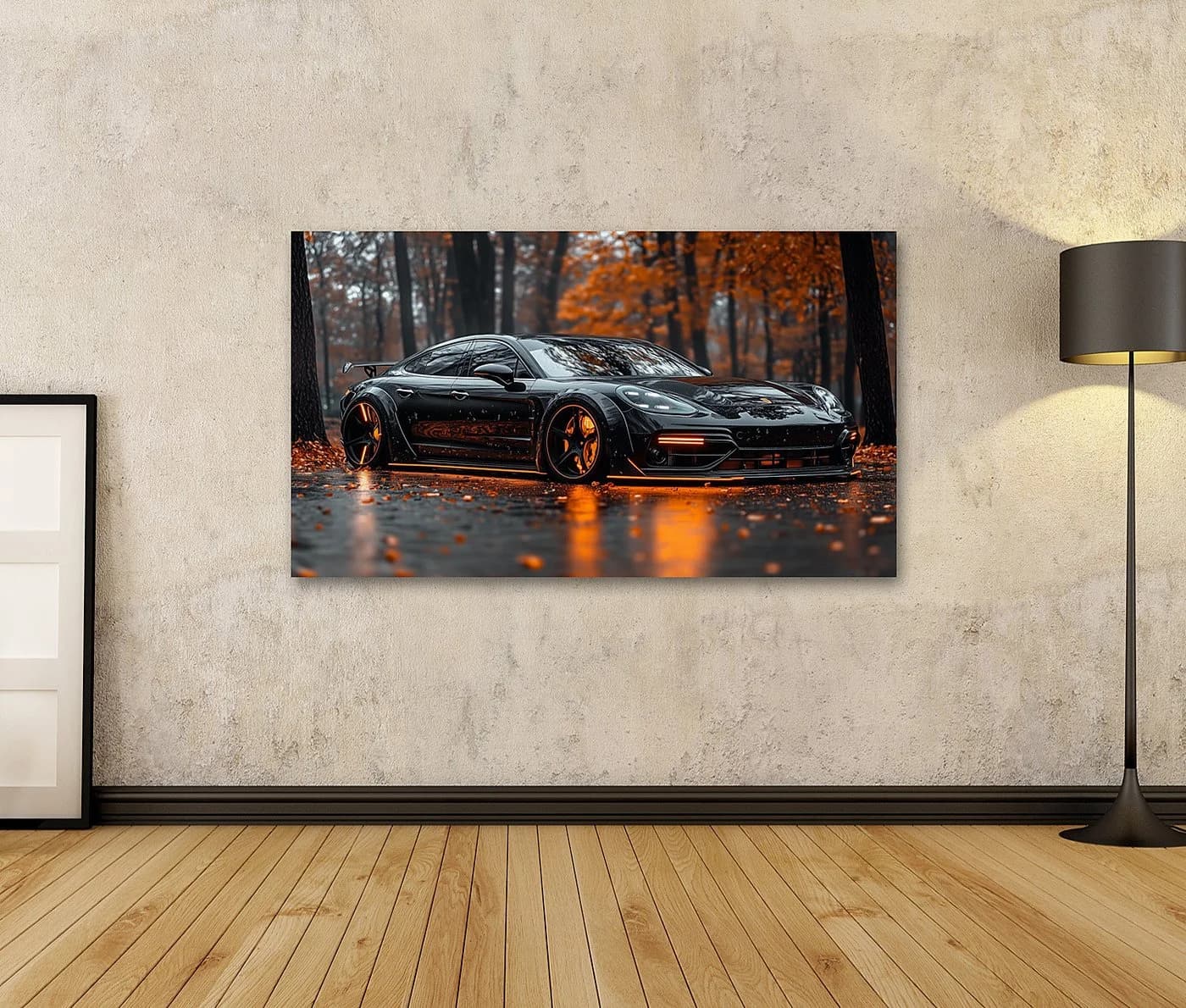 islandburner Leinwandbild Schwarzes Sportauto im Herbstlichen Wald