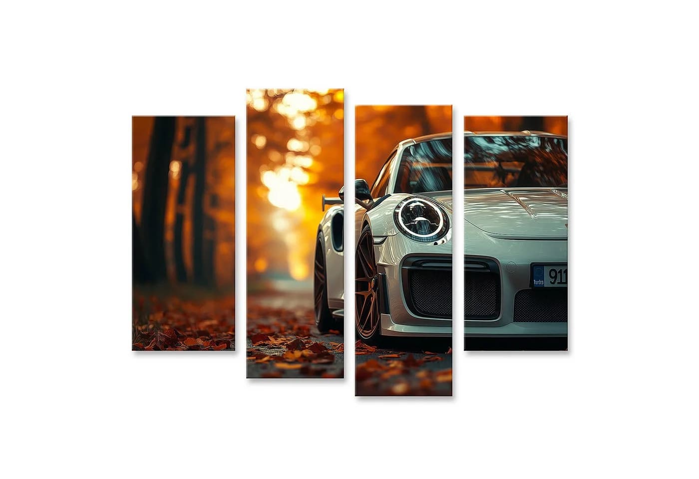 islandburner Leinwandbild Herbstlicher Porsche im Sonnenuntergang 4-teilig - Bild 2