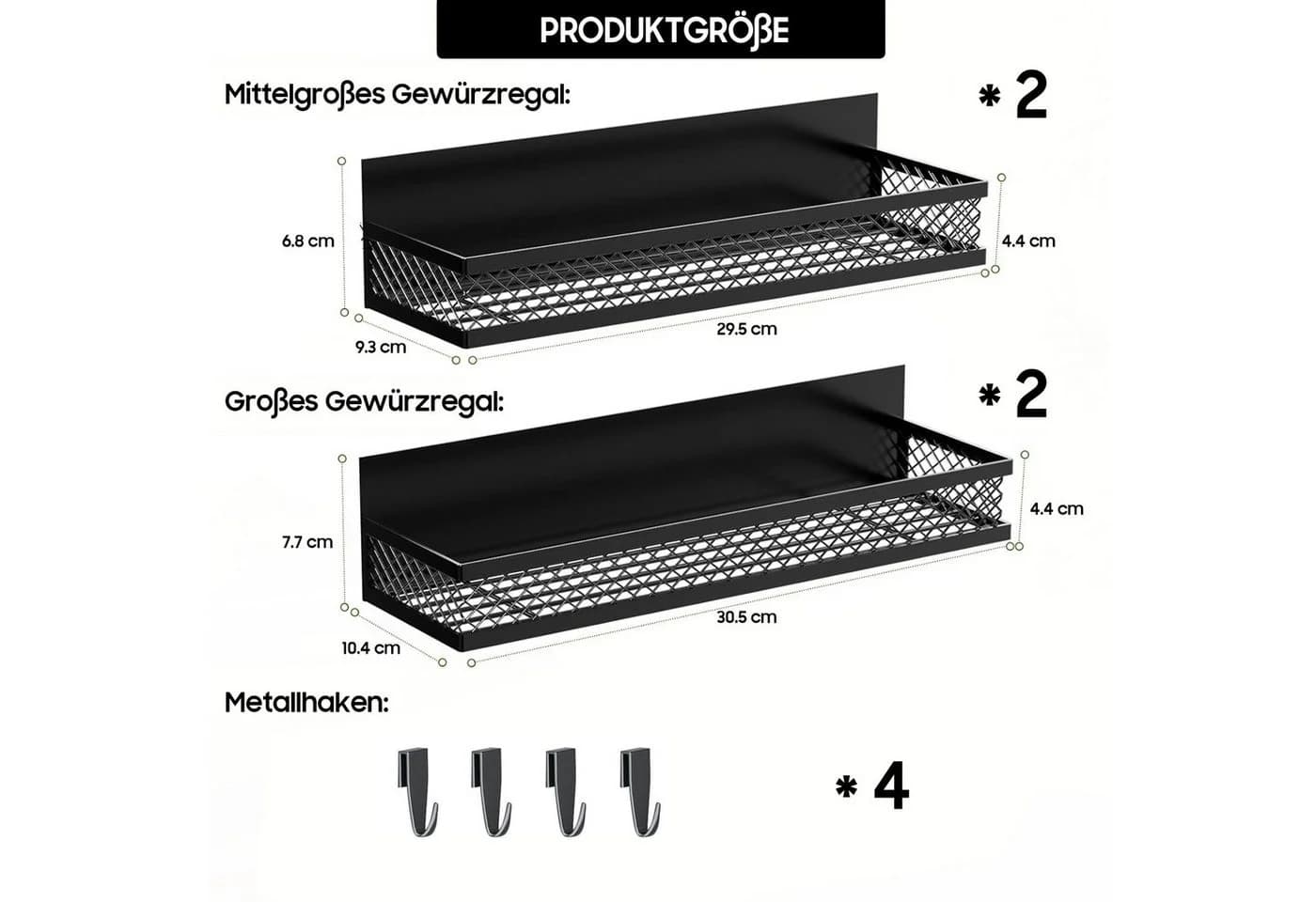 SURFOU Magnetisches Gewürzregal 4 Stück Schwarz Metall