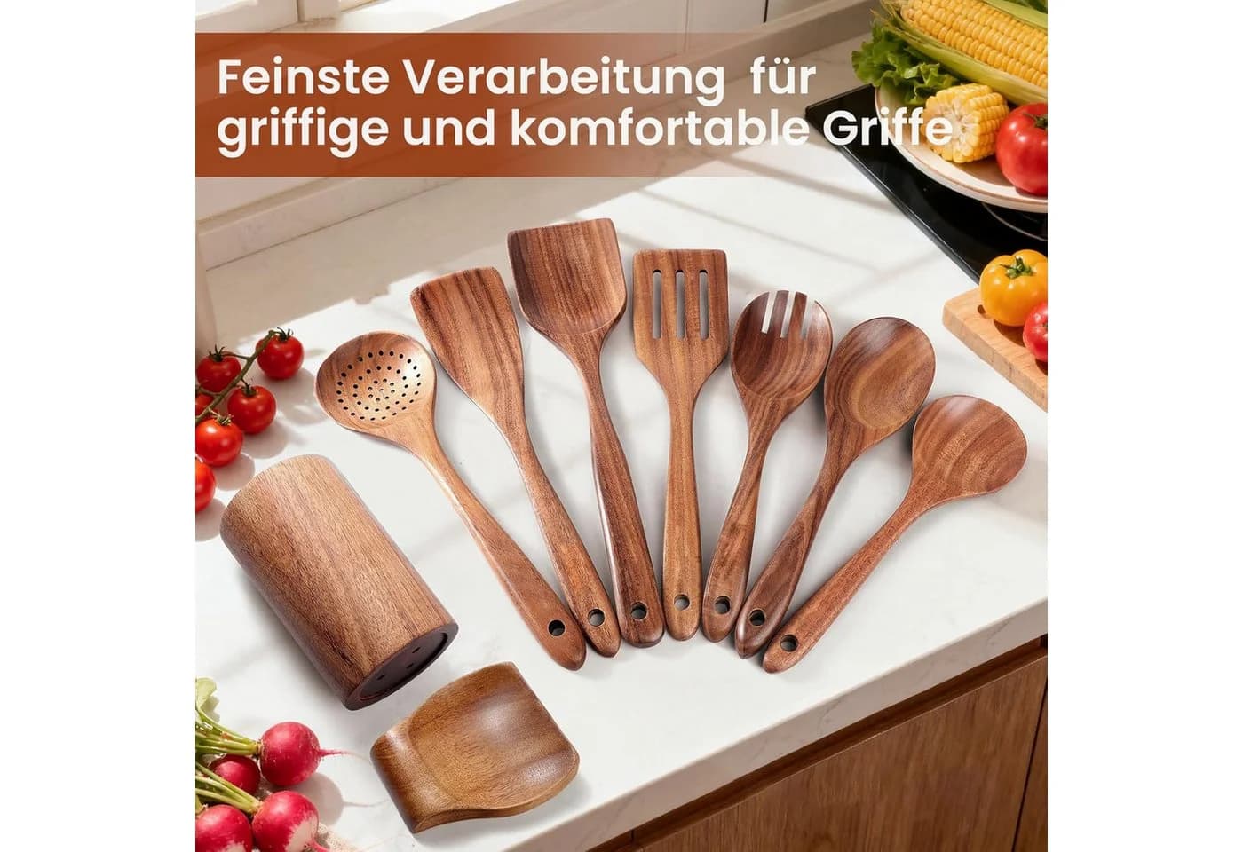 SURFOU Kochbesteckhalter Acacia Holz Küchenhelfer Set 9-teilig