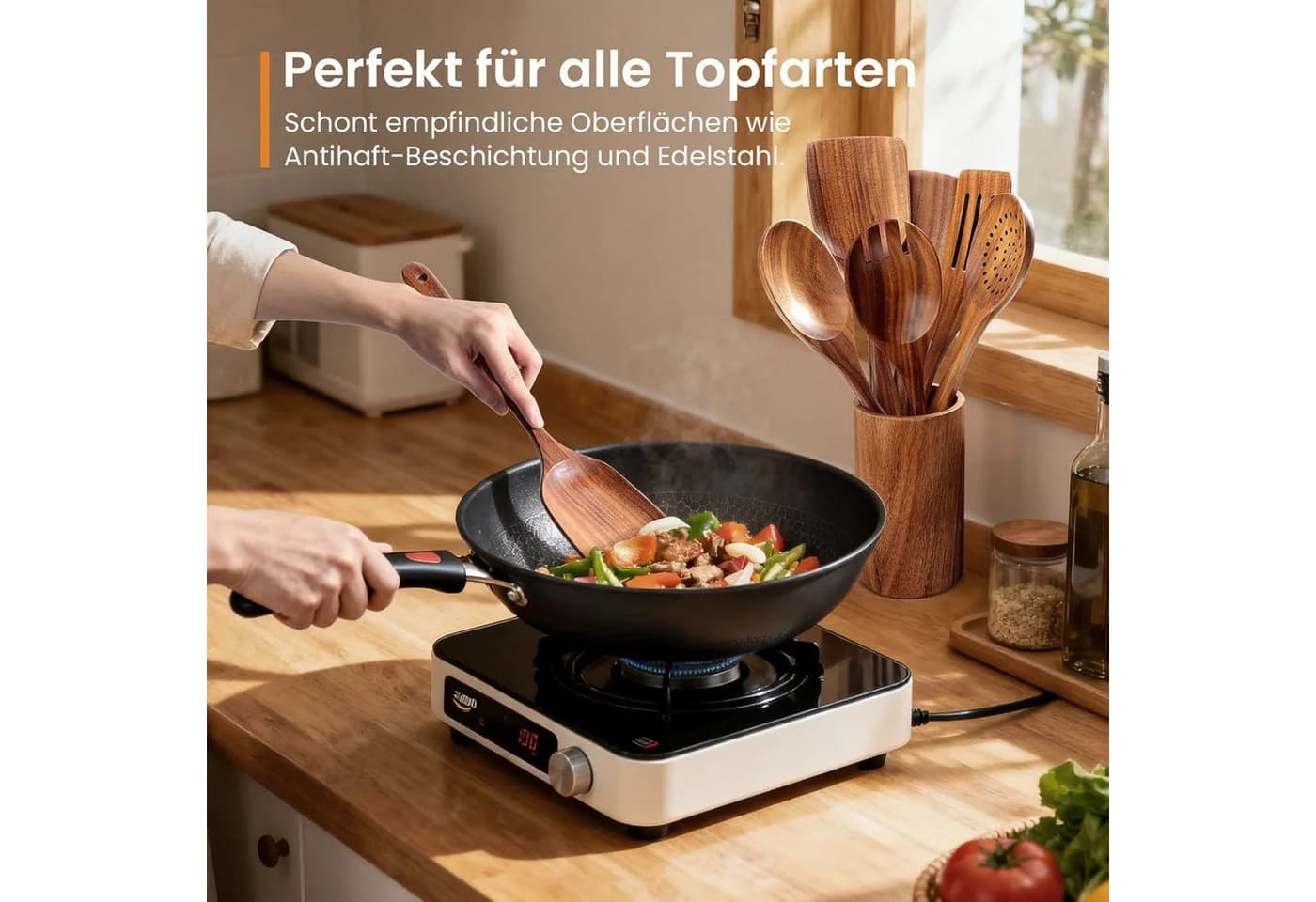 SURFOU Kochbesteckhalter Acacia Holz Küchenhelfer Set 9-teilig - Bild 4