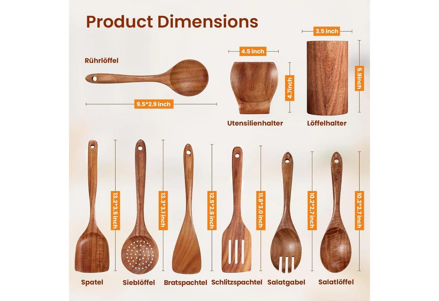 SURFOU Kochbesteckhalter Acacia Holz Küchenhelfer Set 9-teilig - Bild 5