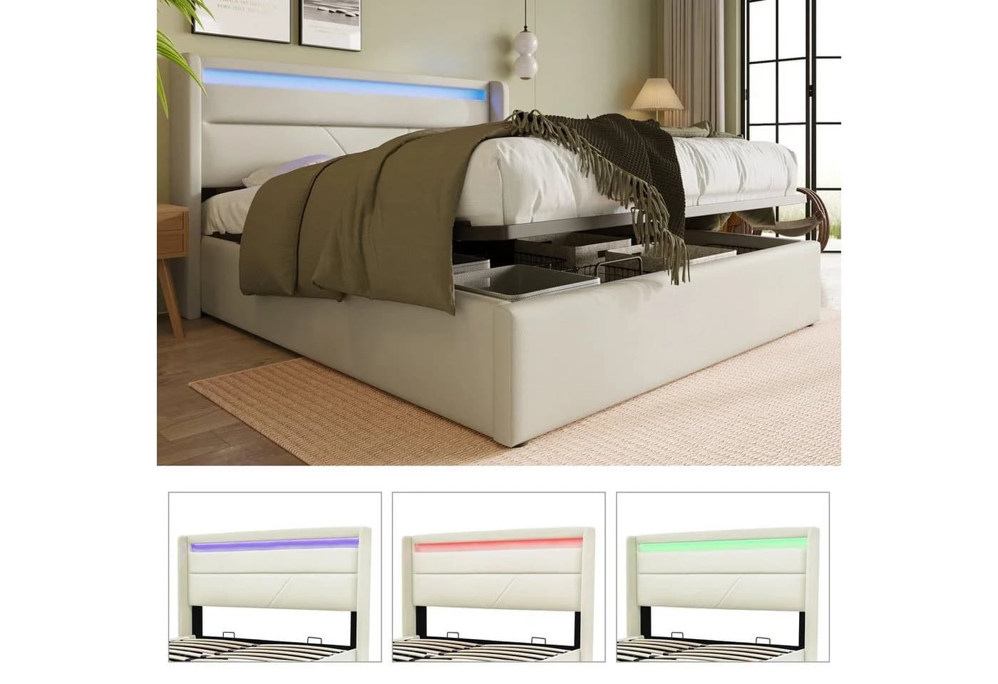 BlingBin Boxspringbett Stauraumbett Polsterbett 140x200cm Doppelbett inkl. LED-Beleuchtung - Bild 3