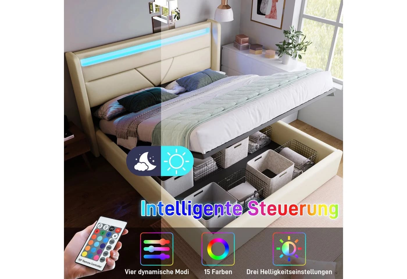 BlingBin Boxspringbett Stauraumbett Polsterbett 140x200cm Doppelbett inkl. LED-Beleuchtung - Bild 5