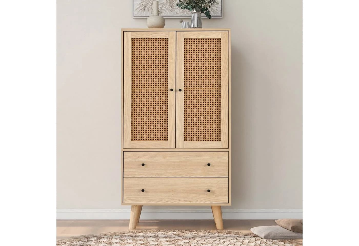 BlingBin Hochkommode Sideboard Eiche PE-Rattan Push-to-Open