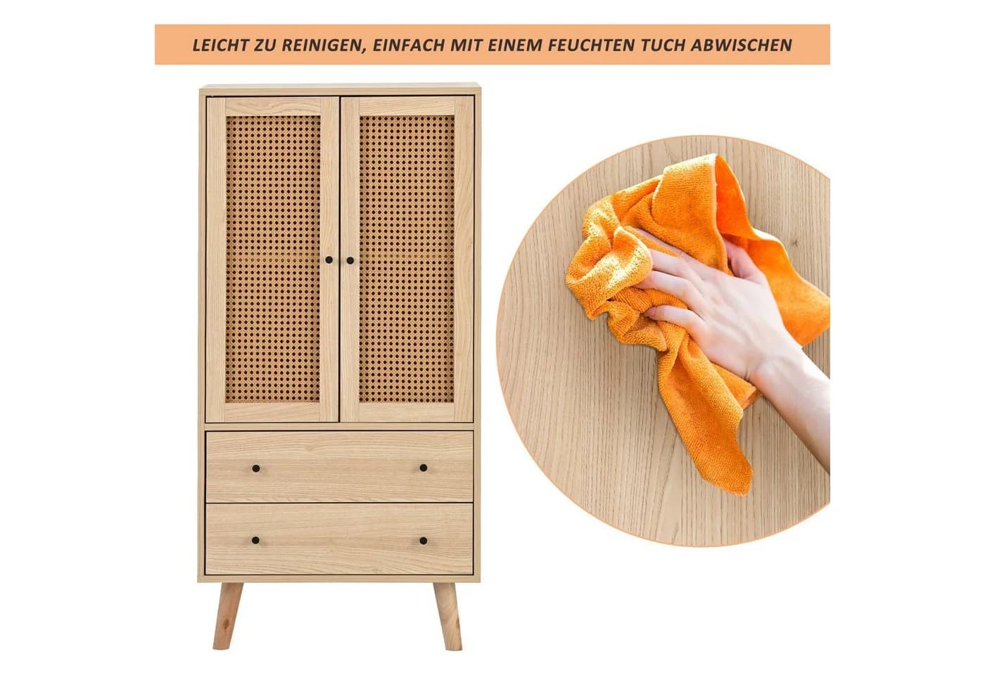 BlingBin Hochkommode Sideboard Eiche PE-Rattan Push-to-Open - Bild 5