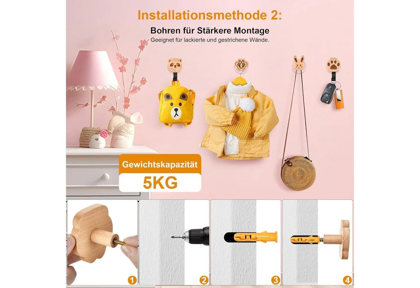 BlingBin Kleiderhaken 5pcs Holz Tierform Wandhaken - Bild 4
