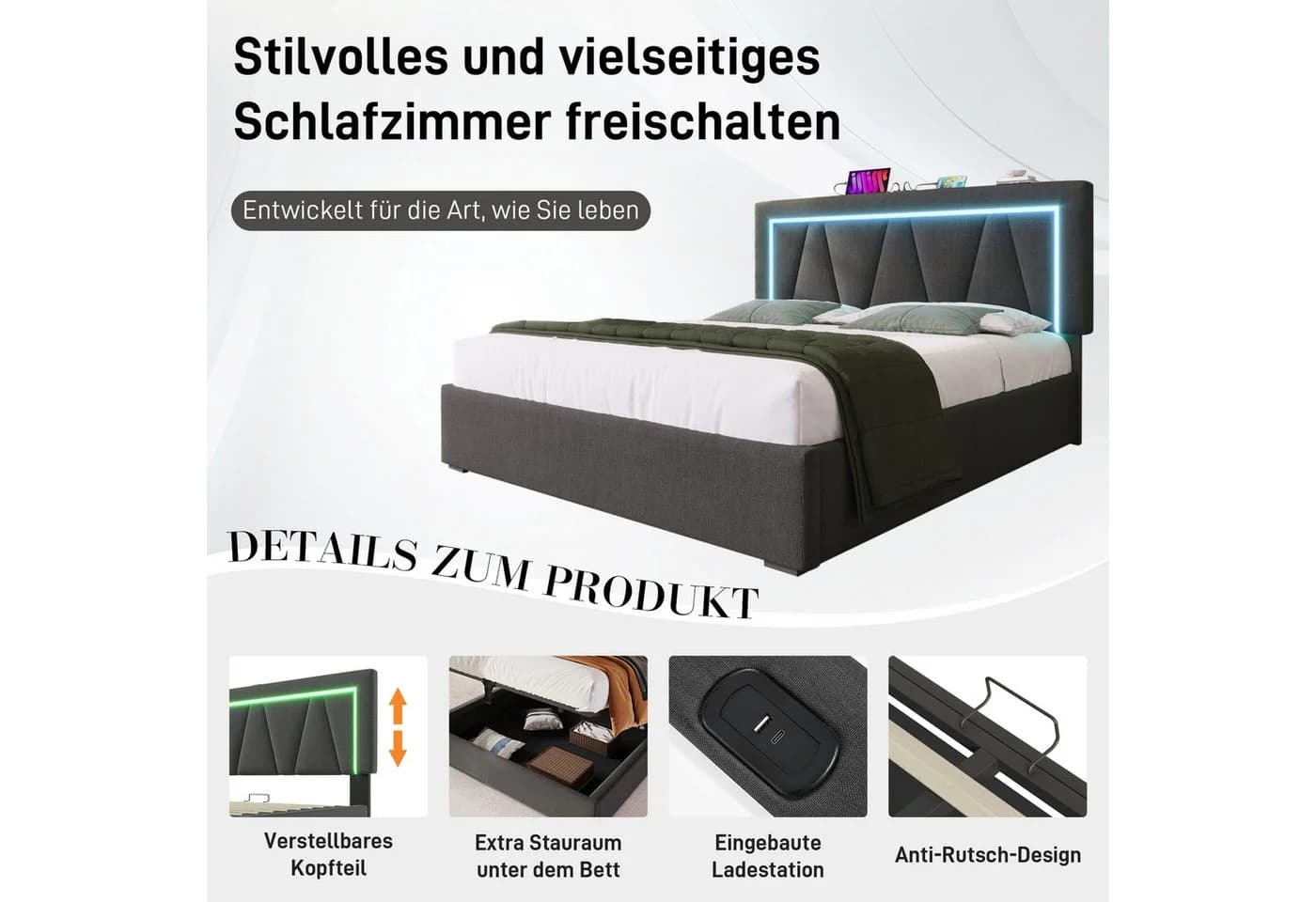 BlingBin Boxspringbett Stauraumbett Polsterbett 140x200cm Grau/Beige - Bild 4