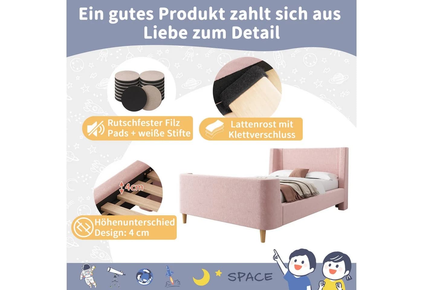 BlingBin Einzelbett 90 x 200 cm Rosa Kinderbett mit kosmischem Muster - Bild 4