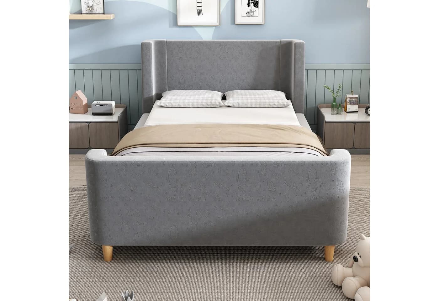 BlingBin Einzelbett 90 x 200 cm Kinderbett Polsterbett Rosa/Grau/Beige - Bild 2