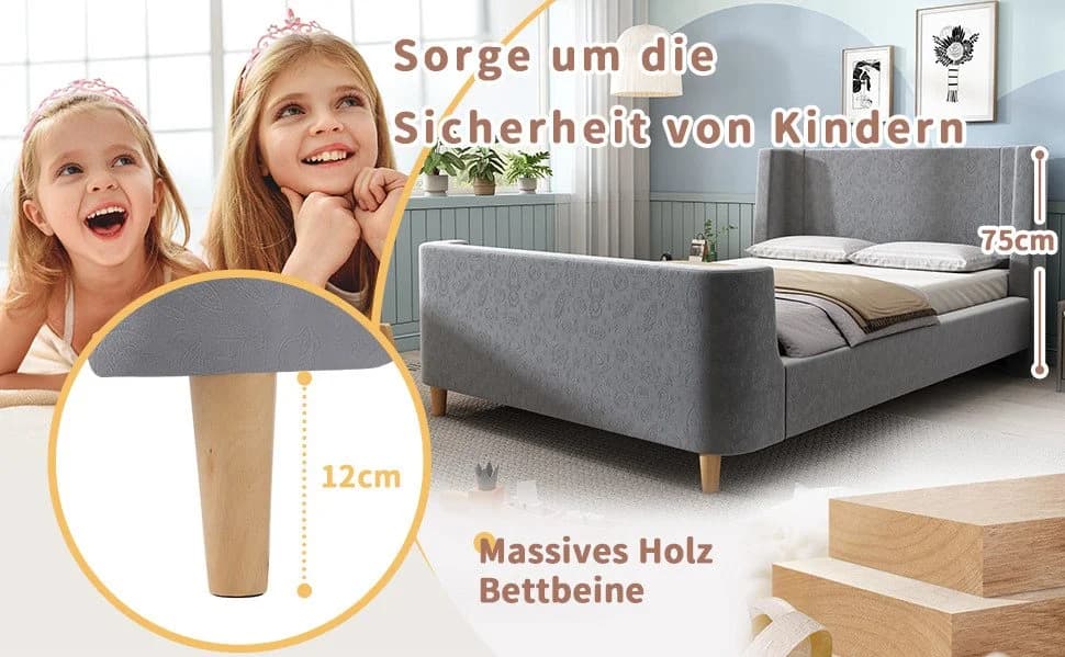 BlingBin Einzelbett 90 x 200 cm Kinderbett Polsterbett Rosa/Grau/Beige - Bild 5
