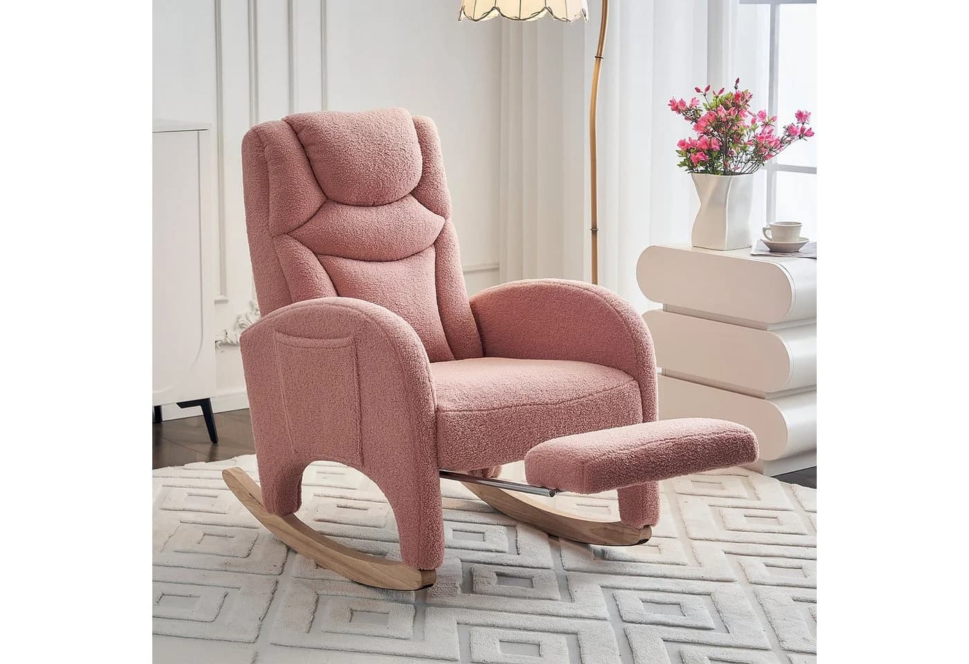 BlingBin Schaukelstuhl Relaxsessel Rosa Teddy-Material