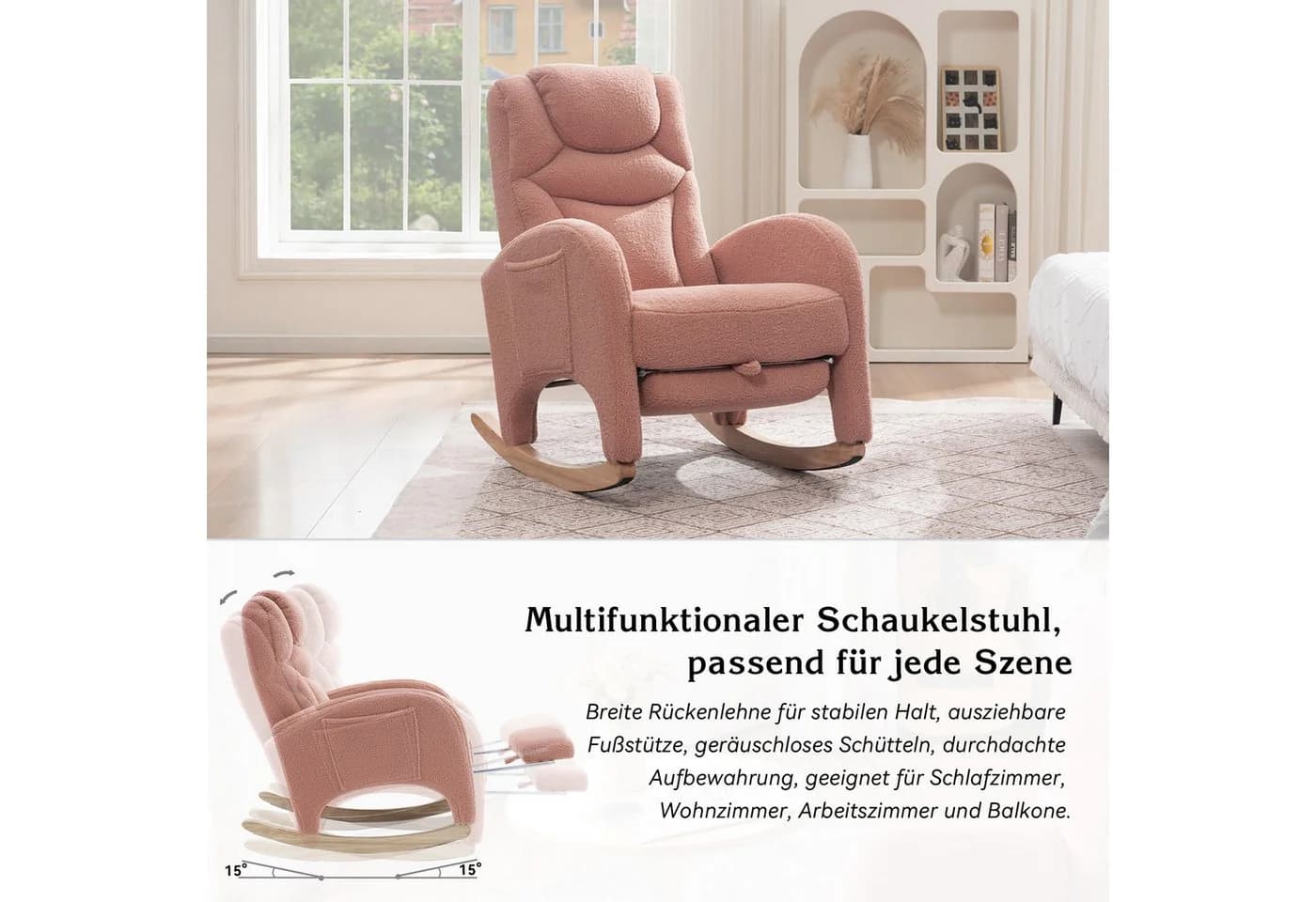 BlingBin Schaukelstuhl Relaxsessel Rosa Teddy-Material - Bild 4