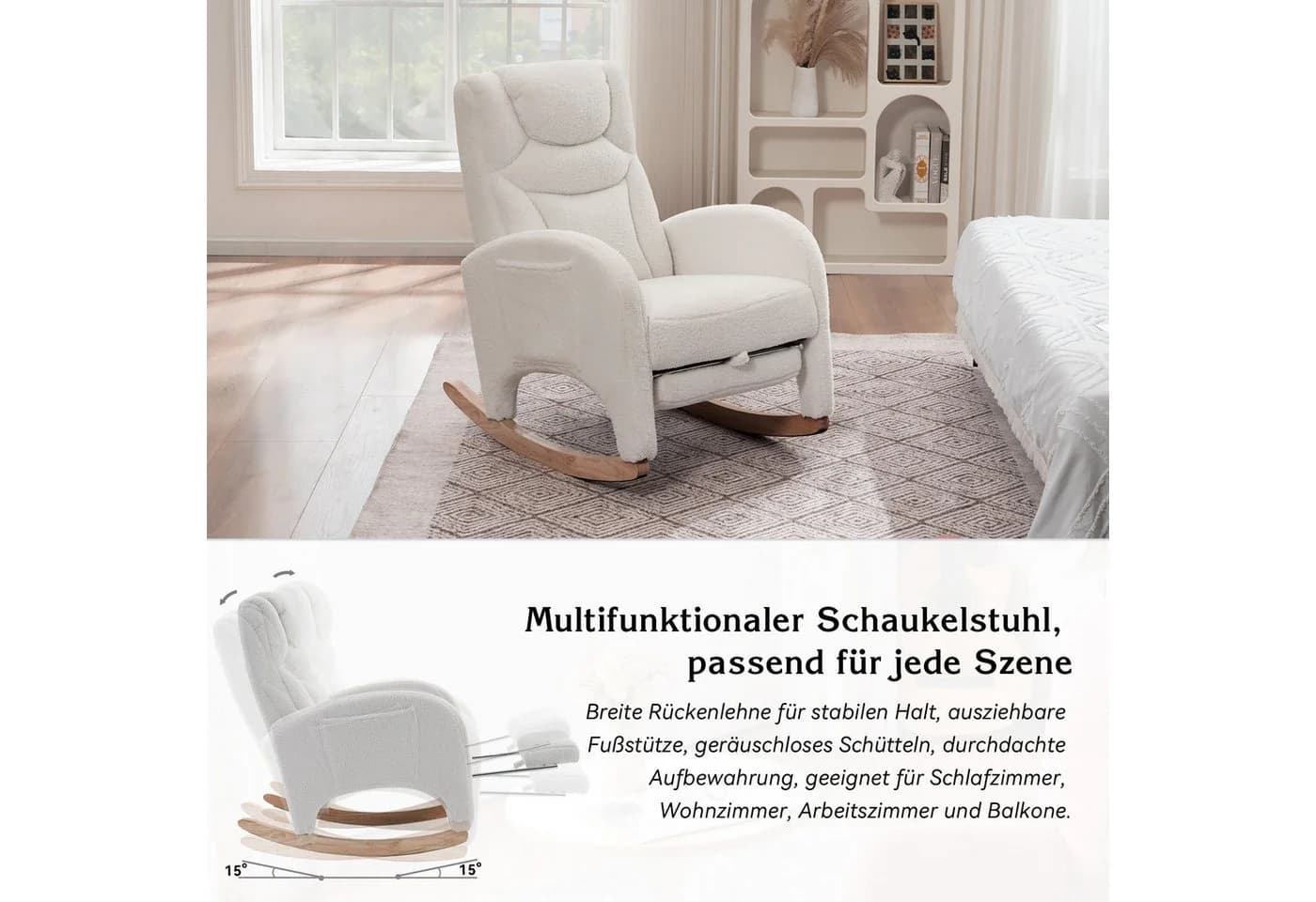 BlingBin Schaukelstuhl Relaxsessel Wohnzimmersessel Armlehnen Fußstütze Teddystoff - Bild 4