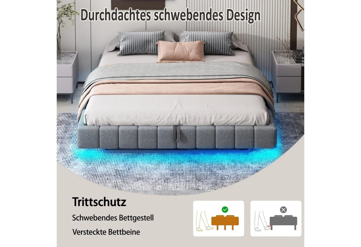BlingBin Polsterbett Stauraumbett 140x200cm mit LED-Licht Leinen - Bild 4