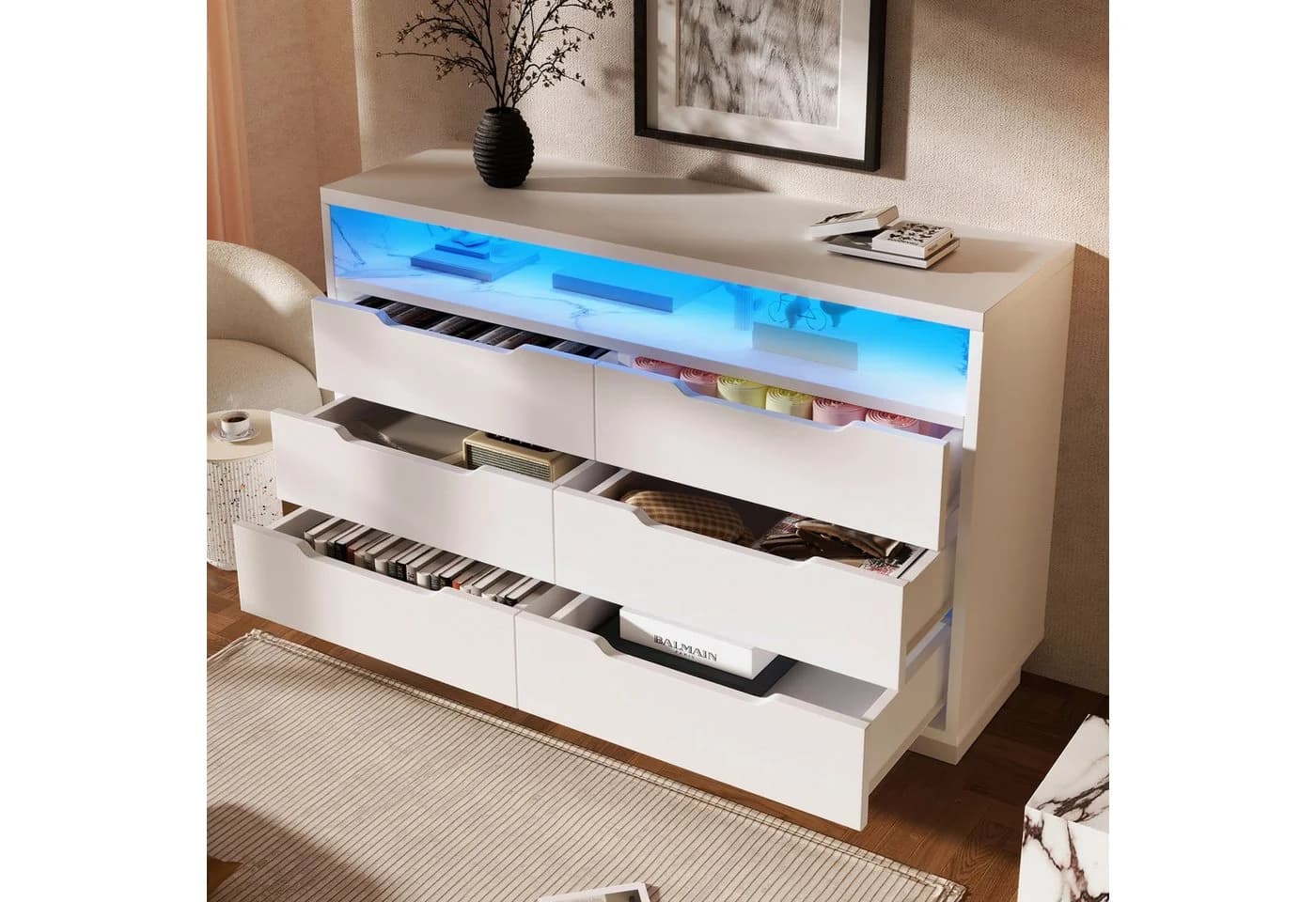 BlingBin Sideboard 120x40x85cm Weiß mit LED-Beleuchtung und 6 Schubladen