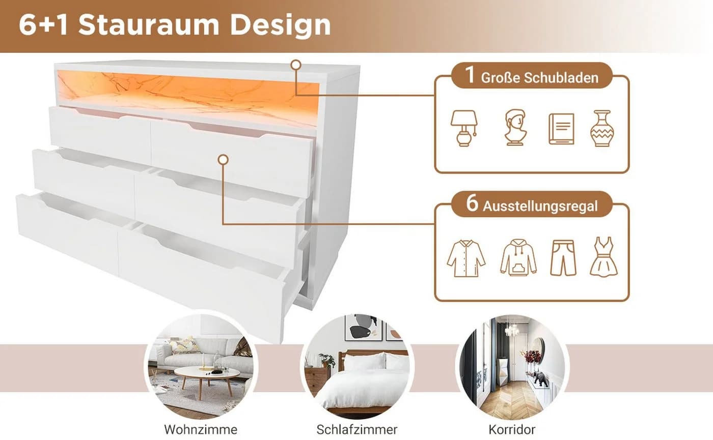 BlingBin Sideboard 120x40x85cm Weiß mit LED-Beleuchtung und 6 Schubladen - Bild 4