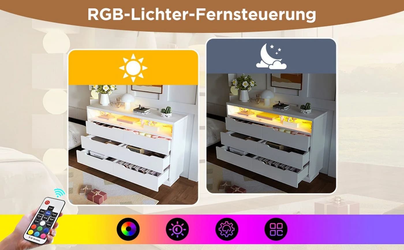 BlingBin Sideboard 120x40x85cm Weiß mit LED-Beleuchtung und 6 Schubladen - Bild 5