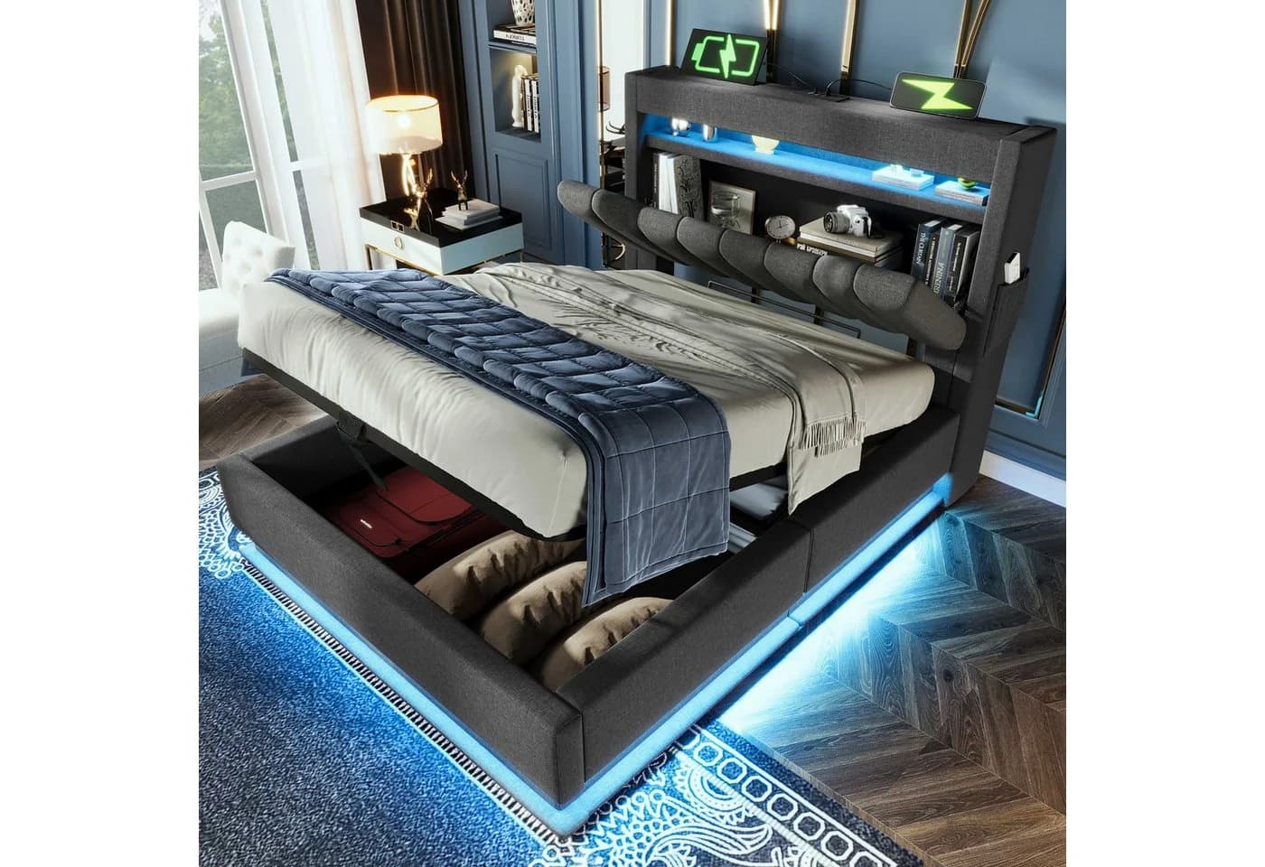 BlingBin Polsterbett Stauraumbett 90x200 cm mit LED-Beleuchtung USB & Typ-C-Ladefunktion