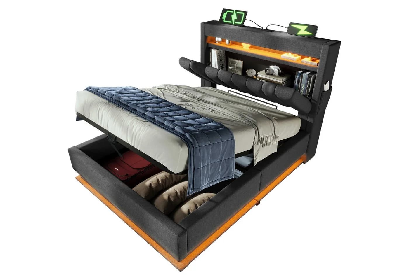 BlingBin Polsterbett Stauraumbett 90x200 cm mit LED-Beleuchtung USB & Typ-C-Ladefunktion - Bild 2