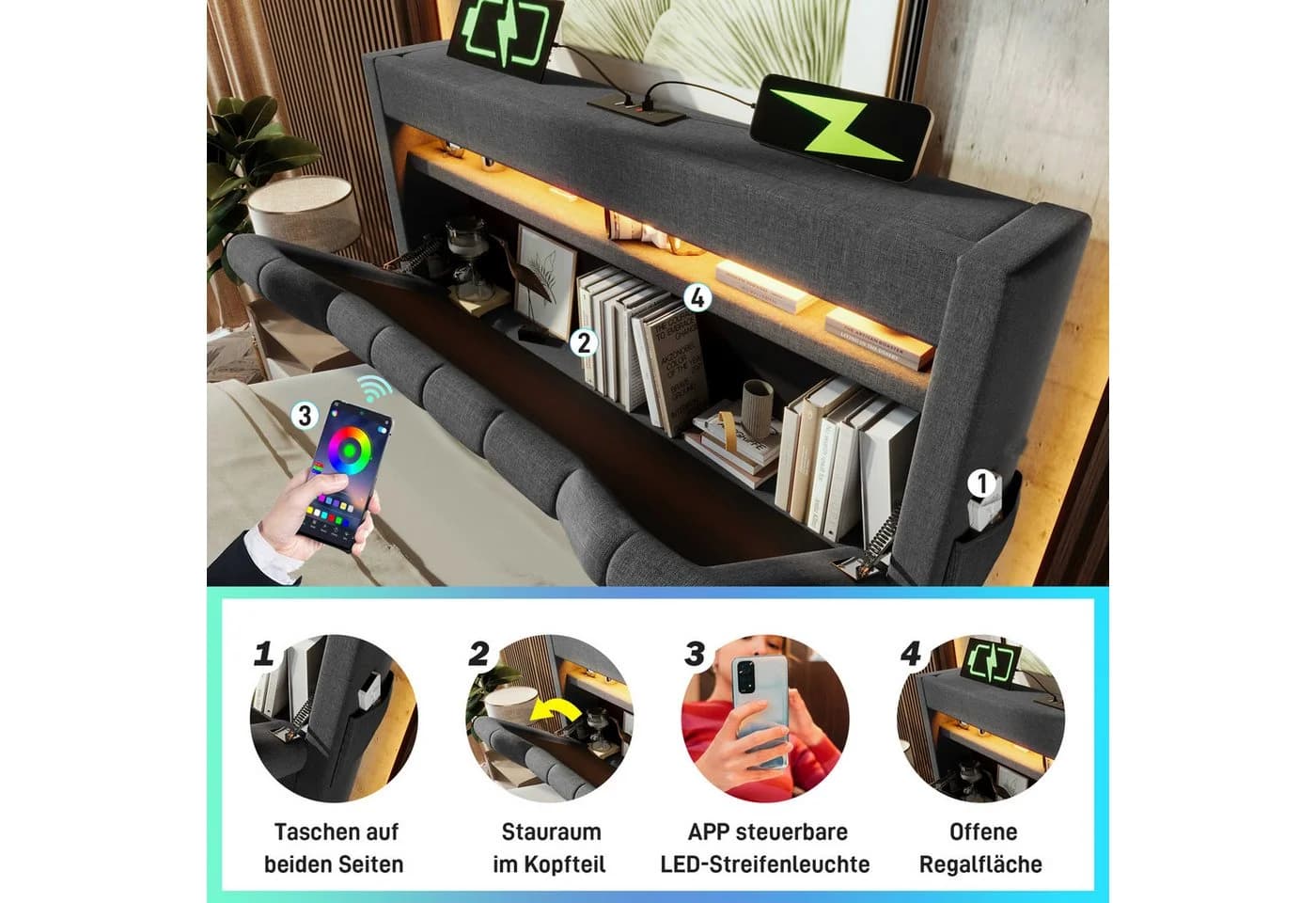 BlingBin Polsterbett Stauraumbett 90x200 cm mit LED-Beleuchtung USB & Typ-C-Ladefunktion - Bild 3