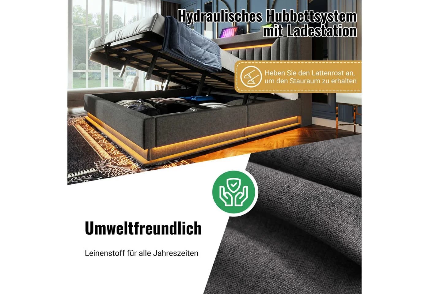 BlingBin Polsterbett Stauraumbett 90x200 cm mit LED-Beleuchtung USB & Typ-C-Ladefunktion - Bild 4