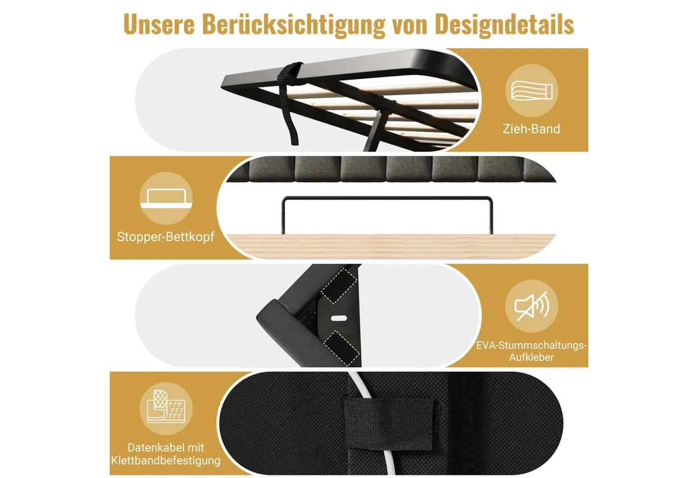 BlingBin Polsterbett Stauraumbett 90x200 cm mit LED-Beleuchtung USB & Typ-C-Ladefunktion - Bild 5