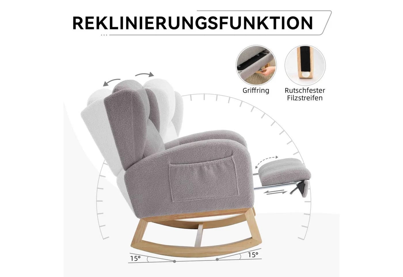 BlingBin Schaukelstuhl Grau mit Teddy-Stoff, klappbarer Fußstütze und Seitentaschen - Bild 5