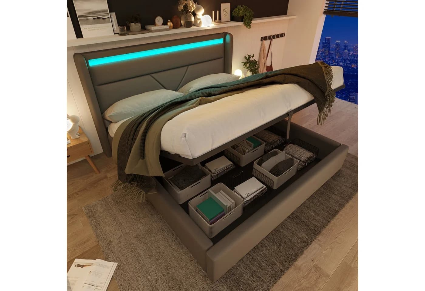 BlingBin Boxspringbett Stauraumbett Polsterbett 140x200cm Doppelbett LED-Beleuchtung - Bild 2