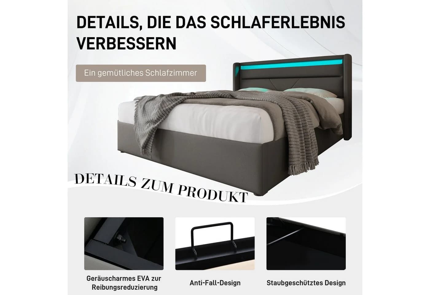 BlingBin Boxspringbett Stauraumbett Polsterbett 140x200cm Doppelbett LED-Beleuchtung - Bild 4