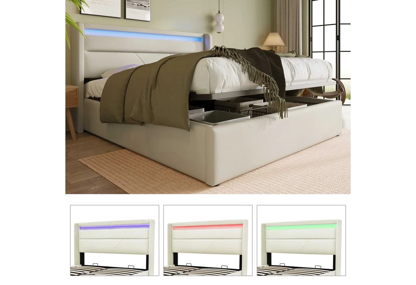 BlingBin Boxspringbett Stauraumbett mit LED-Beleuchtung Weiß/Grau