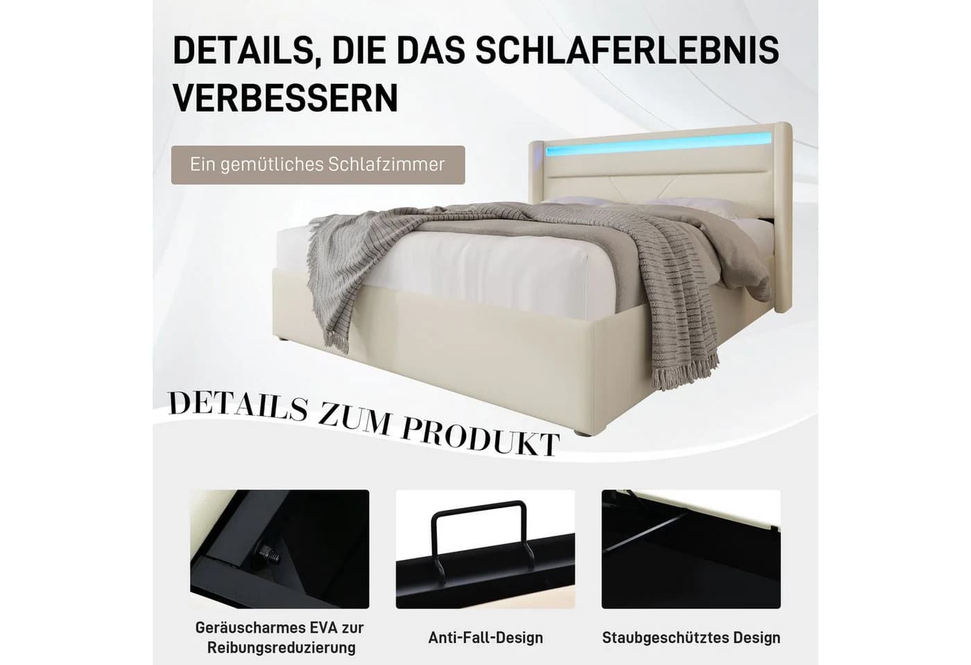 BlingBin Boxspringbett Stauraumbett mit LED-Beleuchtung Weiß/Grau - Bild 4